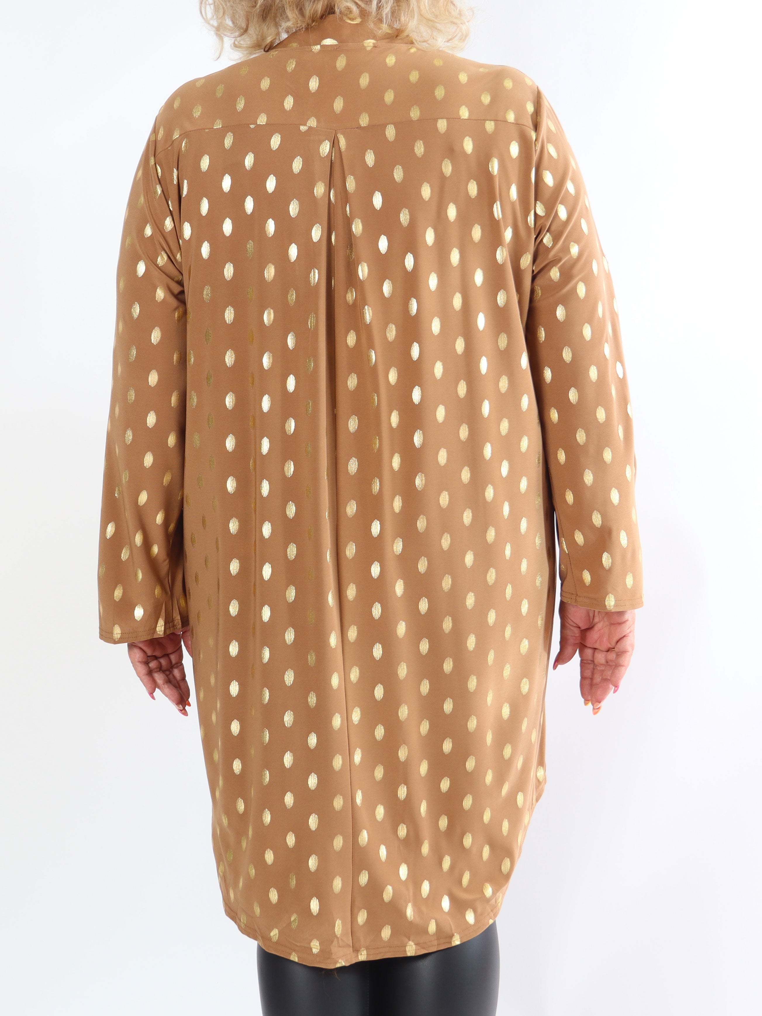 Ebba Gold Long - Elastisk plus size-klänning med guldprickar